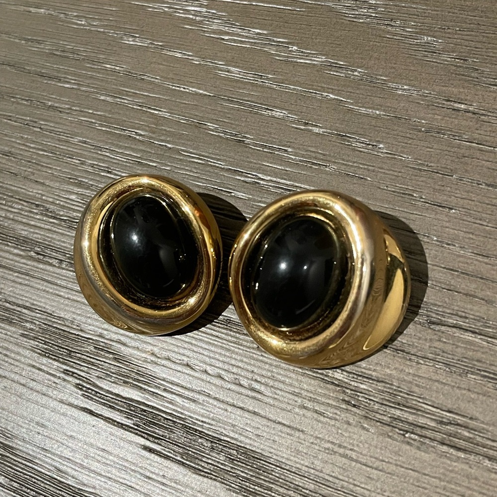 Vintage Givenchy Gold Tone Black Cabochon Clip-On Earrings